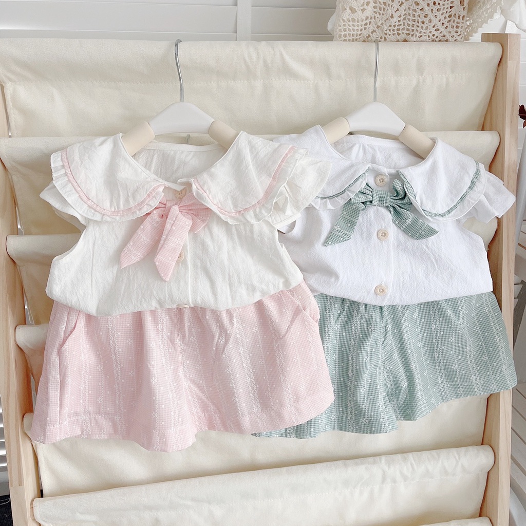 Set bộ quần áo bé gái nơ ngực pastel Yoikids chất đũi thô mát cho bé từ 1-6 tuổi