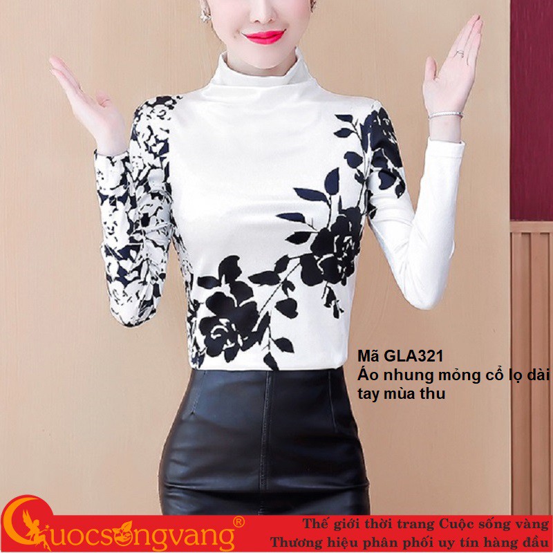 áo nhung nữ dài tay Áo kiểu nhung cổ lọ  in hoa GLA321 Cuocsongvang