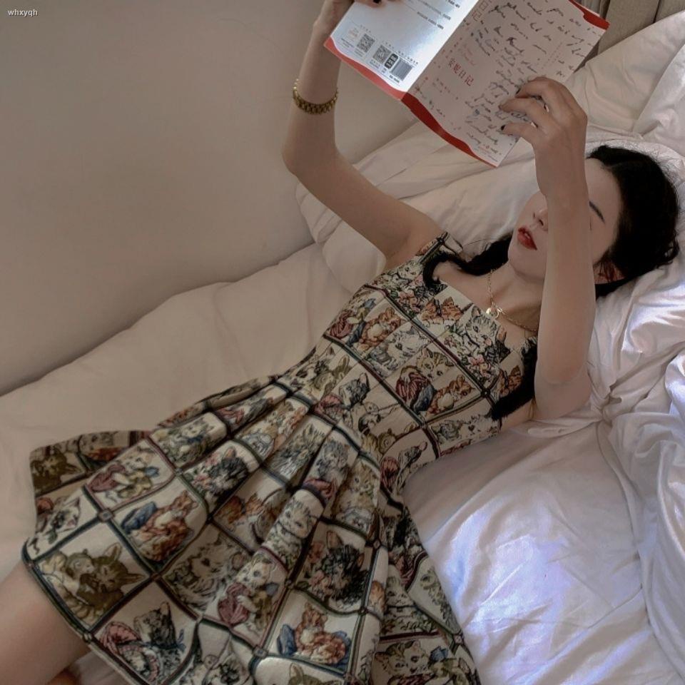 Đầm Hai Dây Dáng Ôm In Họa Tiết Mèo Phong Cách Retro Quyến Rũ Thời Trang Mùa Hè Mới