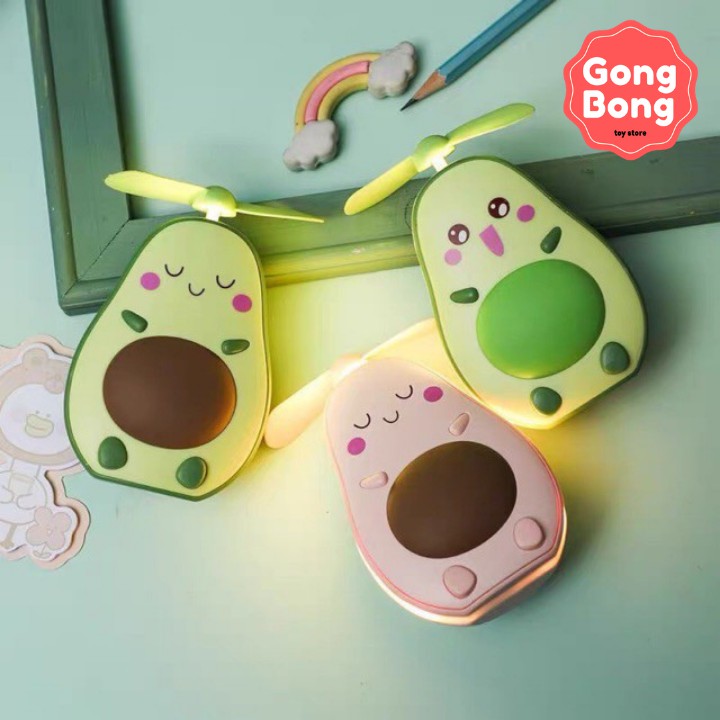 Quạt mini cầm tay quạt quả bơ có gương và đèn quạt cầm tay kèm cáp sạc USB Gong Bong store