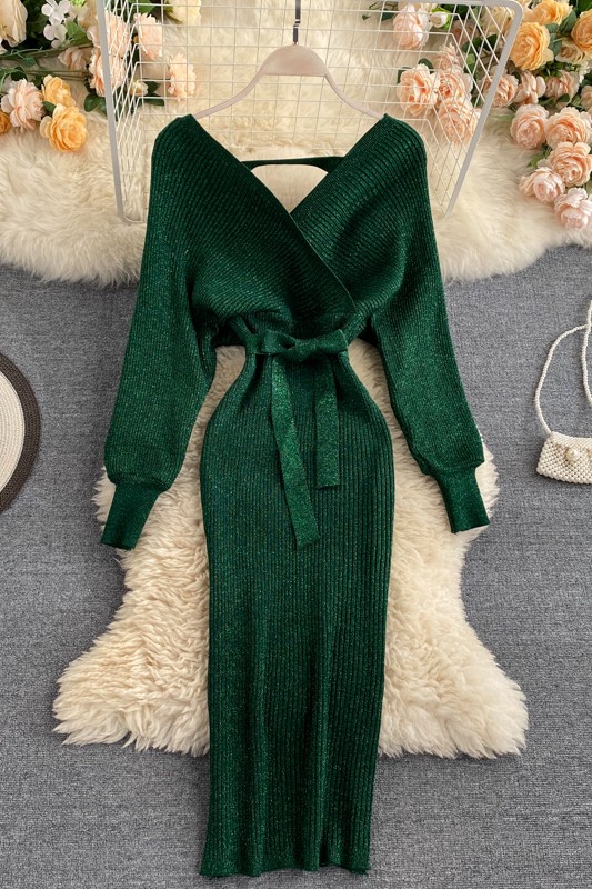 Đầm len cánh dơi cổ V váy len dệt sợi kim tuyến sang chảnh