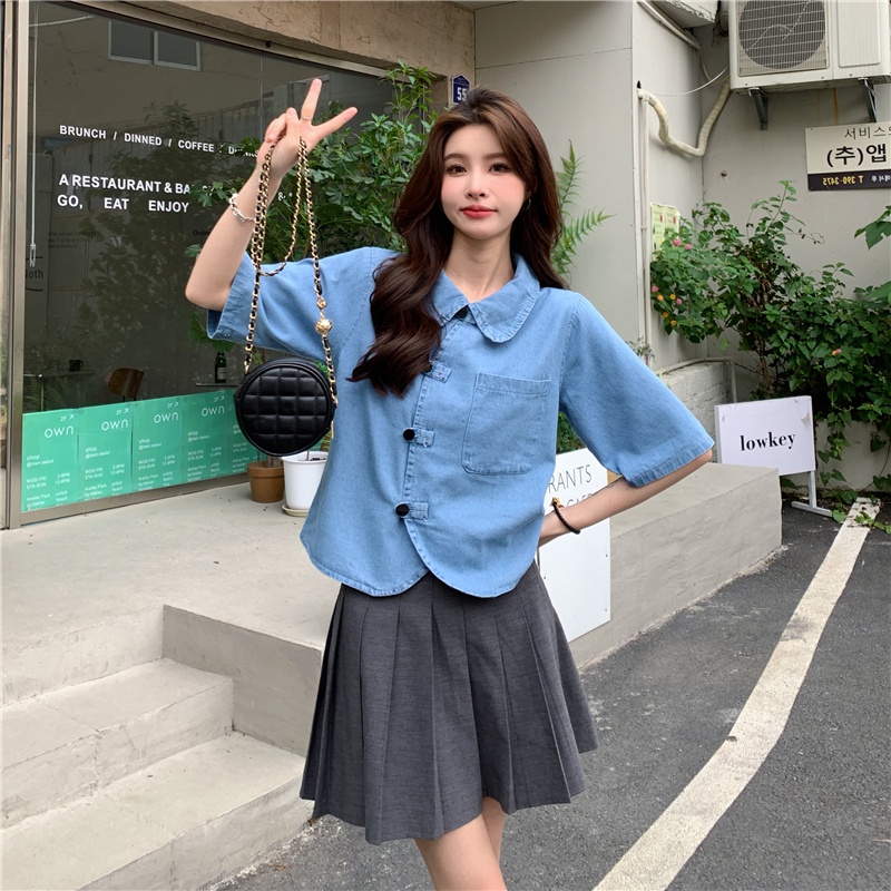 Áo Sơ Mi denim Tay Ngắn Dáng Rộng Phong Cách Hàn Quốc Cổ Điển Thời Trang Cho Nữ