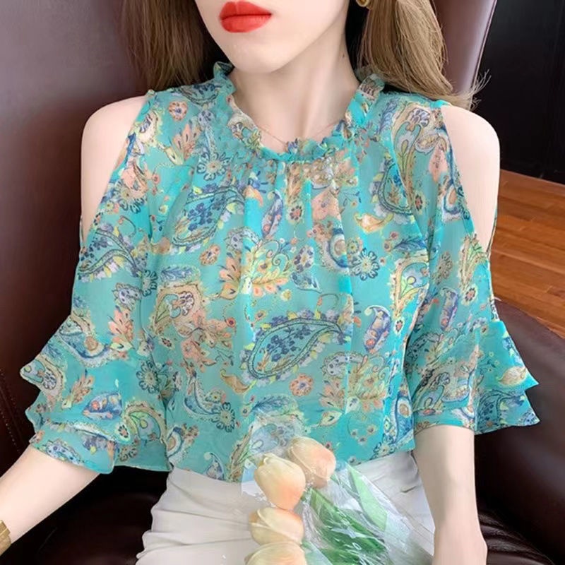 Áo Voan Hoa Ngắn Tay Trễ Vai Xinh Xắn Theo Phong Cách Hàn Quốc