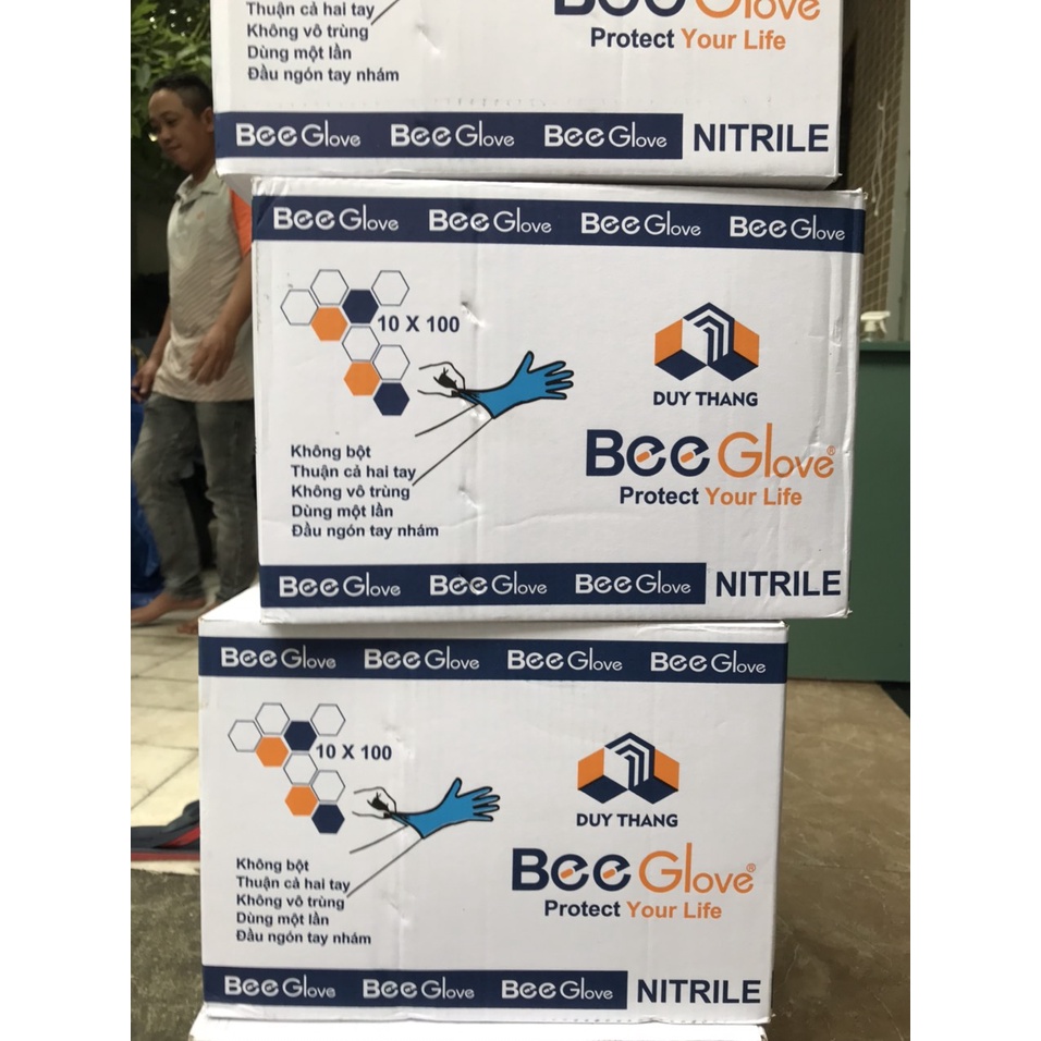 hộp 100 cái Găng tay Nitrile Bee glove size S, M, L, XL , màu xanh