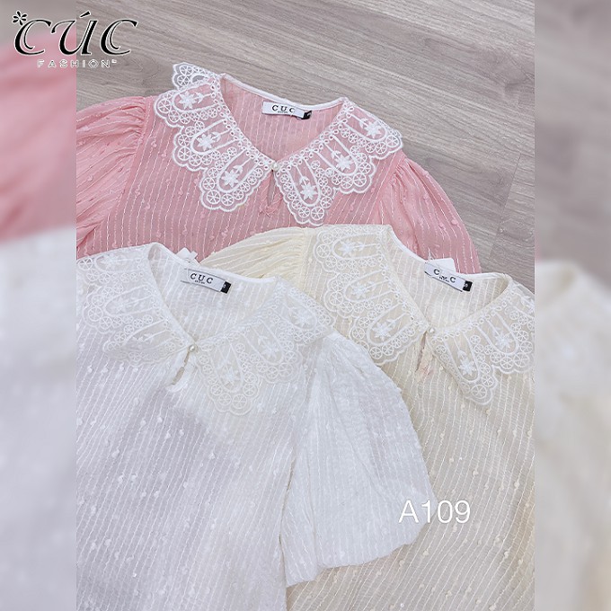 Áo sơ mi nữ công sở cao cấp Cúc Fashion A109 áo somi cổ ren tuyết