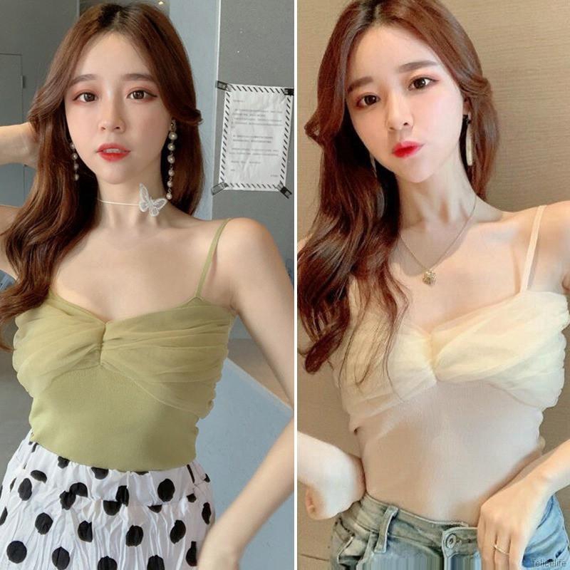 Áo dây nữ cổ V ngực phối voan lưới màu trơn phong cách gợi cảm thời trang