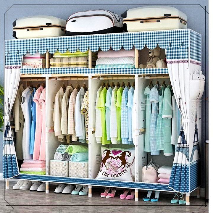 Tủ vải khung gỗ 3 buồng 6 ngăn tủ kệ đựng quần áo khung gỗ cỡ lớn loại 1