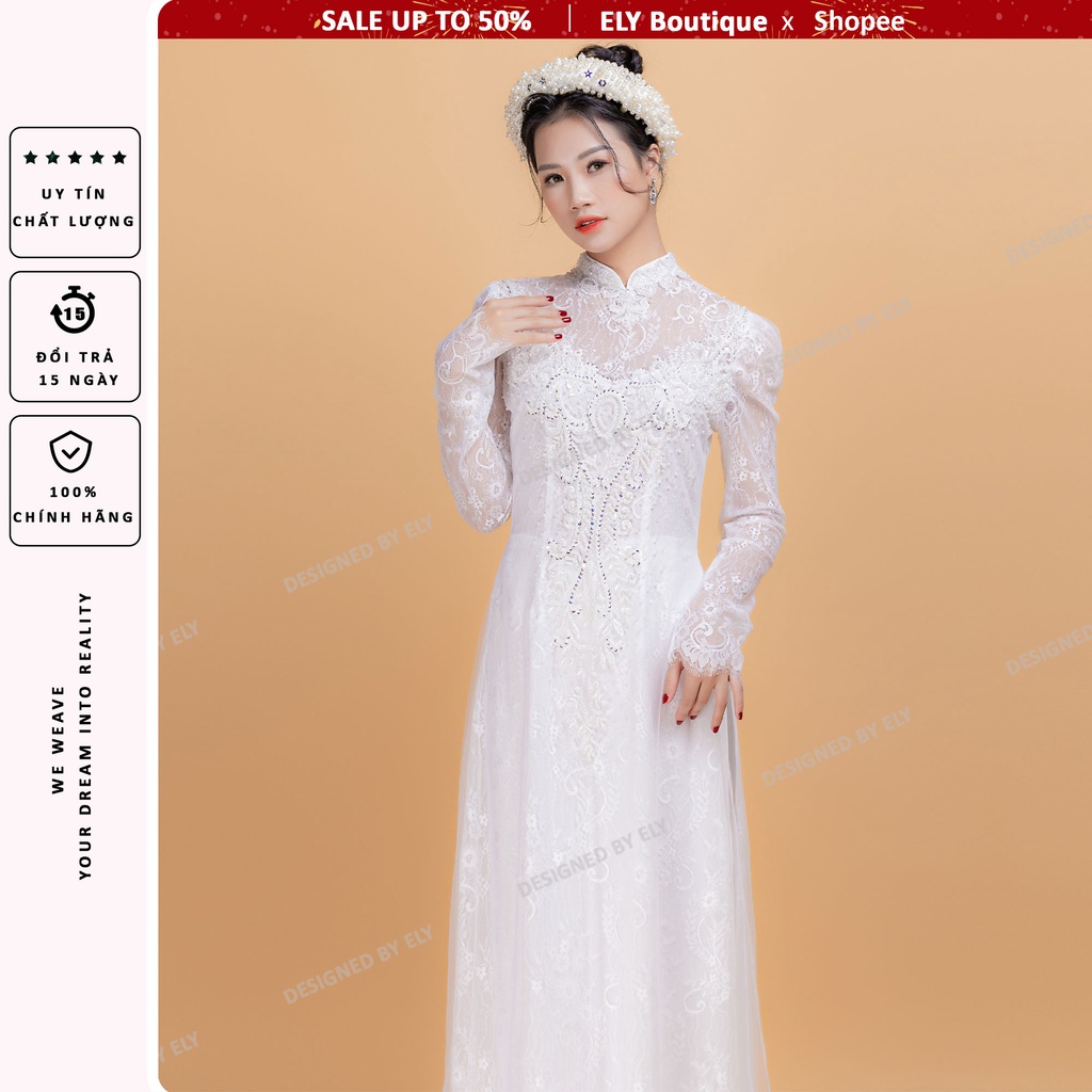 Áo dài cưới truyền thống 3 lớp 6 tà ELY Boutique, áo dài trắng đính kết hạt ELR06