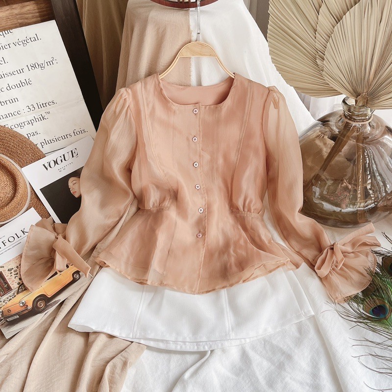 SET ÁO PEPLUM NUDE TAY NƠ KÈM CHÂN VÁY TRẮNG nữ thời trang hàn quốc Ulzzang