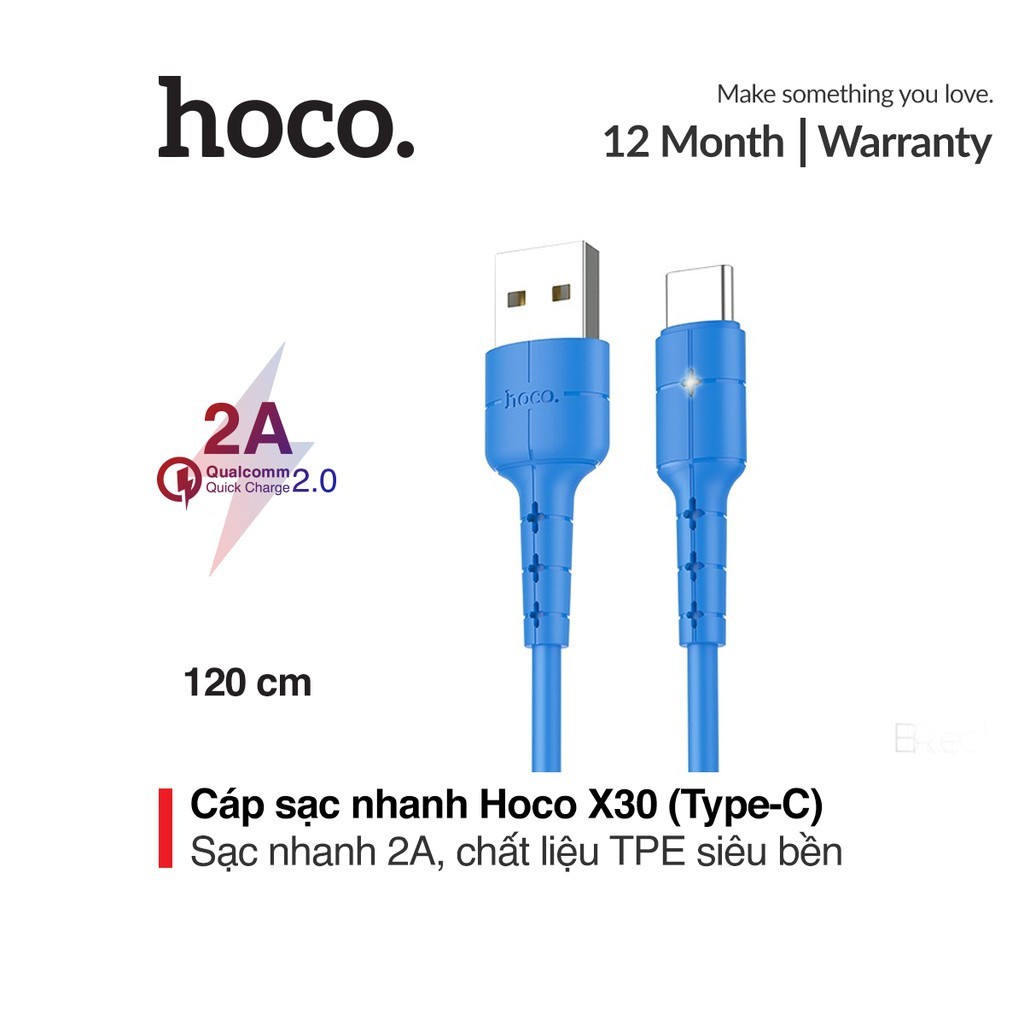 Cáp sạc nhanh 2A Hoco X30 Type-C chất liệu TPE siêu bền tích hợp đèn Led báo sạc dài 1.2M cho Android