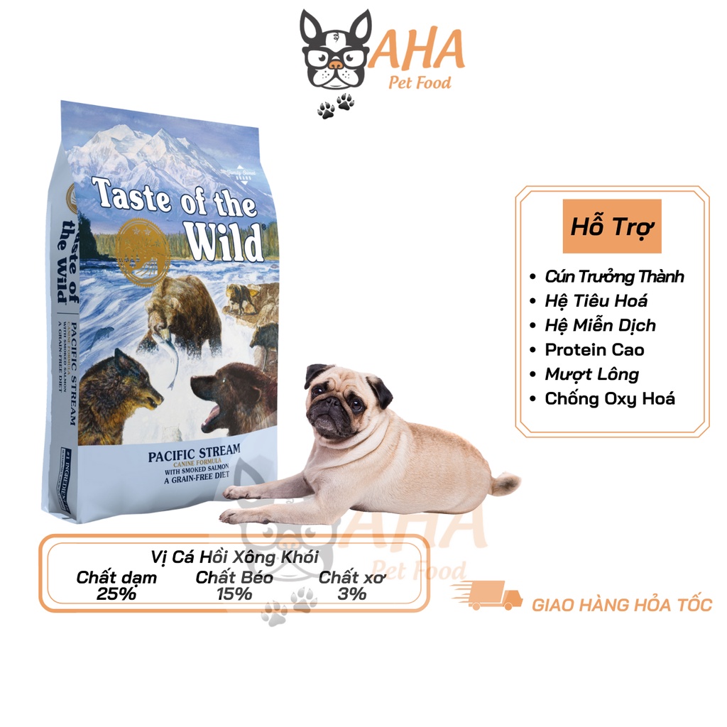 Thức Ăn Cho Chó Pug Taste Of The Wild Bao 500g -  Pacific Stream Cannie Cá Hồi Xông Khói, Rau Củ Quả