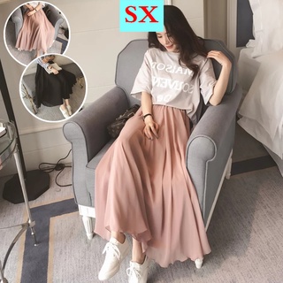 Chân váy voan dài xếp ly lưng cao cỡ lớn thời trang mùa hè cho nữ