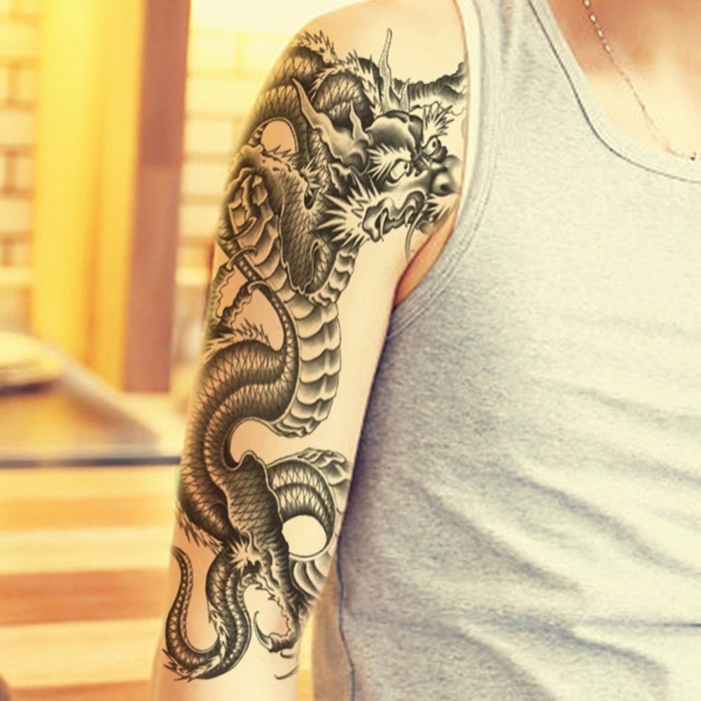 Miếng Dán Hình Xăm 3D Họa Tiết Rồng Đen Chống Nước Cho Nam