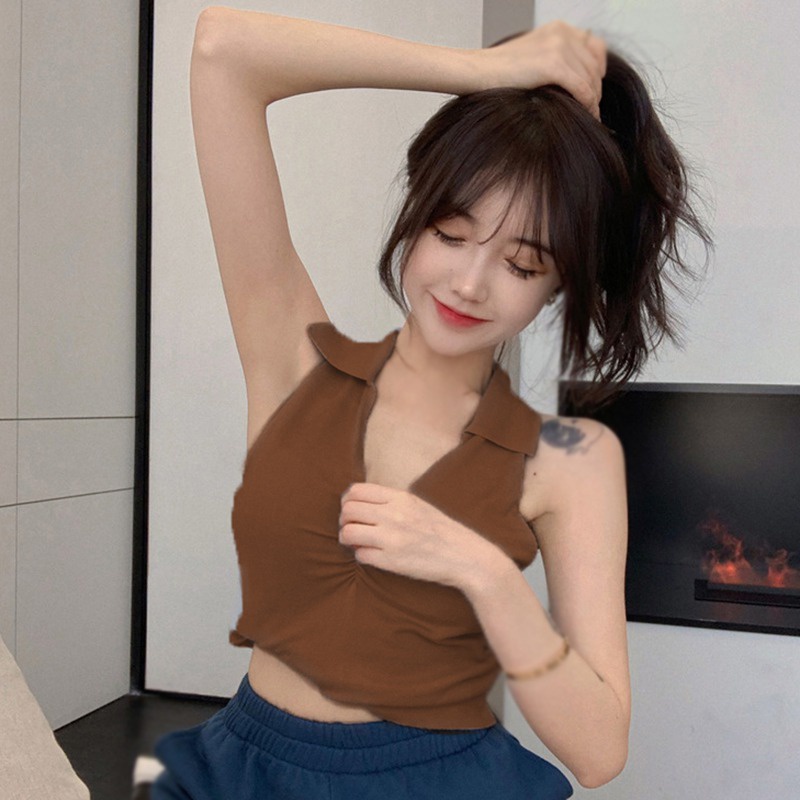 Áo Dệt Kim Không Tay Cổ Chữ V Xếp Ly Phong Cách Hàn Quốc