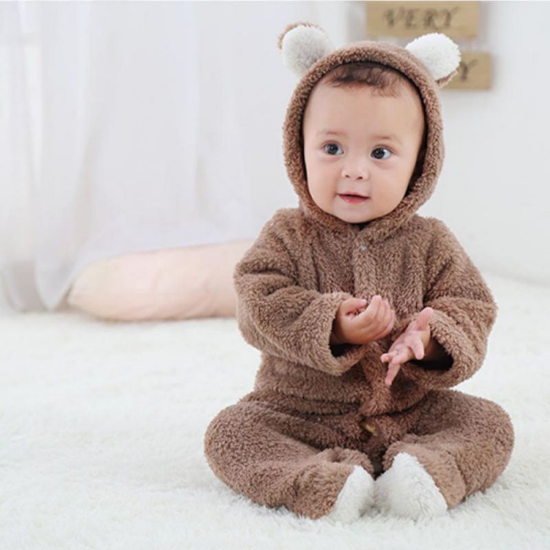 Bộ Áo Liền Quần Cotton Tay Dài Có Mũ Trùm Thời Trang Mùa Đông Cho Bé Sơ Sinh