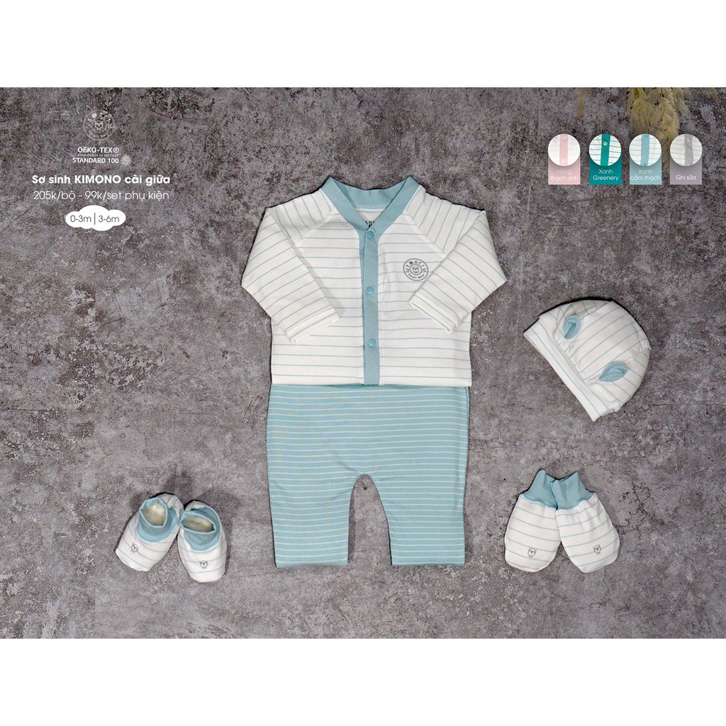 Bộ Hrnee sơ sinh Kimono Modal kẻ chéo, cài thẳng dài tay