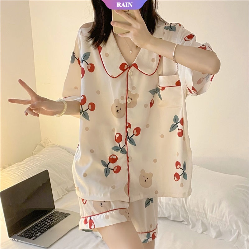 Bộ Đồ Ngủ Hai Mảnh In Họa Tiết Trái Cherry Và Chú Gấu Dễ Thương Thời Trang Mùa Hè 2022