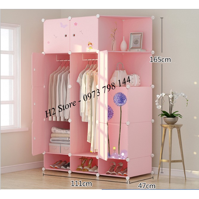 XƯỞNG TỦ NHỰA LẮP GHÉP 12 Ô + 3 GIÀY (GỒM 2 KỆ) CỬA CẨM TÚ CẦU ĐỂ QUẦN ÁO ĐA NĂNG THÔNG MINH