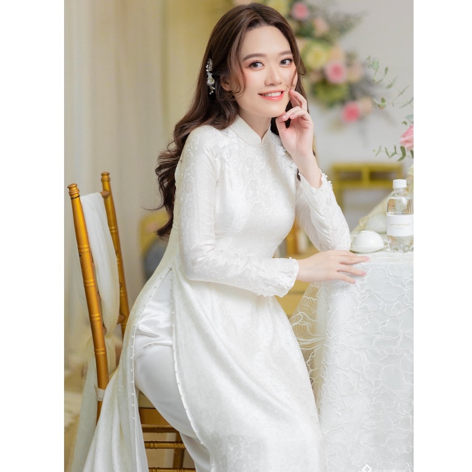 Áo dài [CAM HOUSE] áo dài cưới đẹp chất liệu gấm đính ren