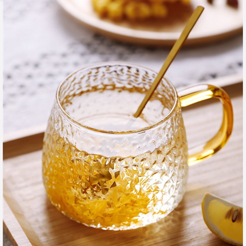 Ly cốc thủy tinh vân sần quai vàng dung tích 300ml, ly thủy tinh pha trà, cafe