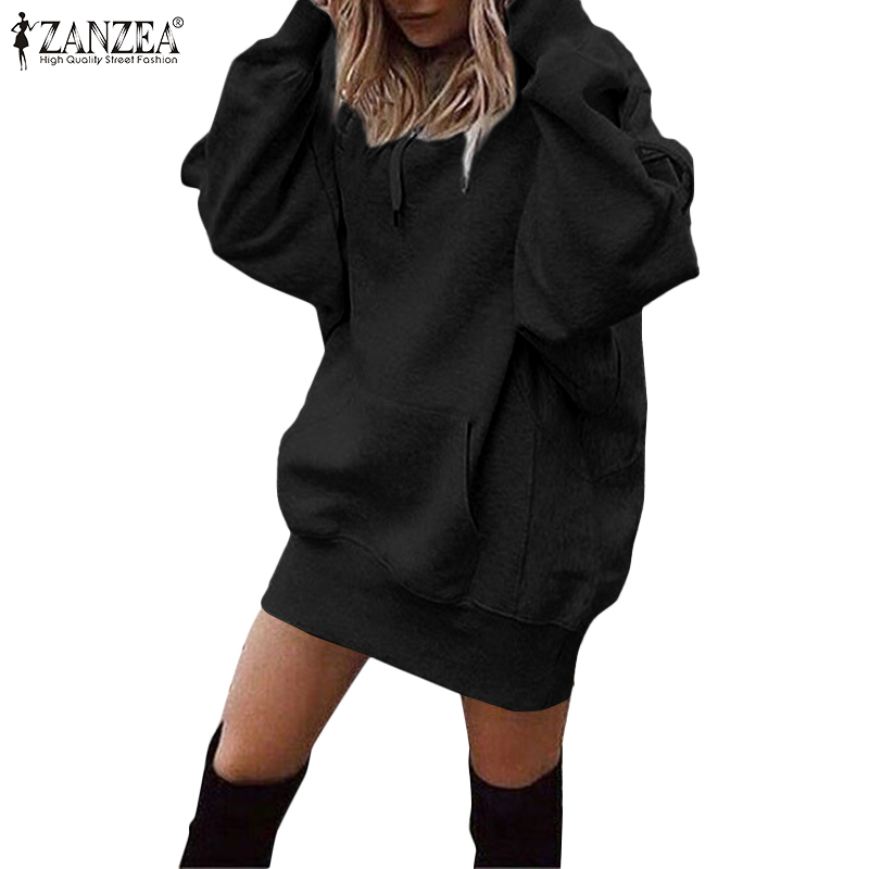 Đầm Hoodie ZANZEA Tay Dài Màu Trơn Thời Trang Cho Nữ