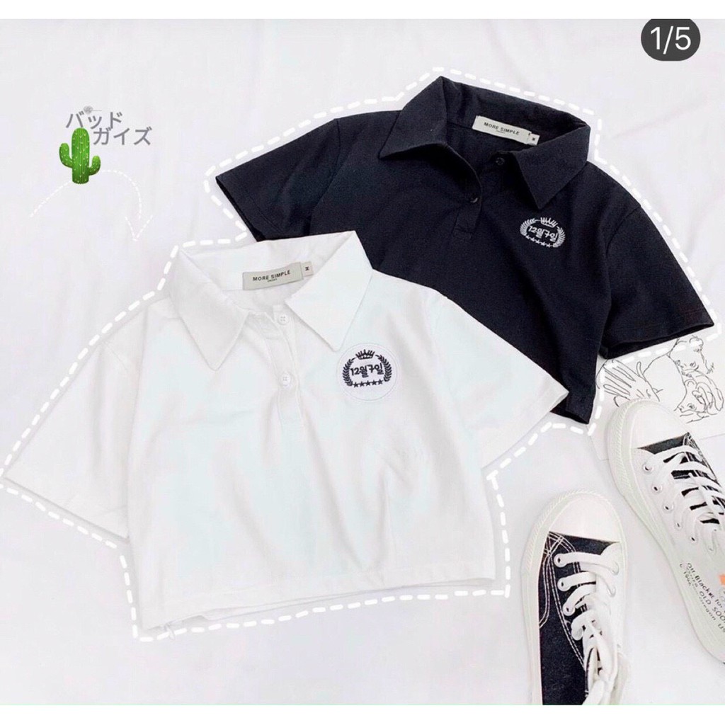 Áo thun croptop tay ngắn cổ bẻ polo thêu bên ngực pc