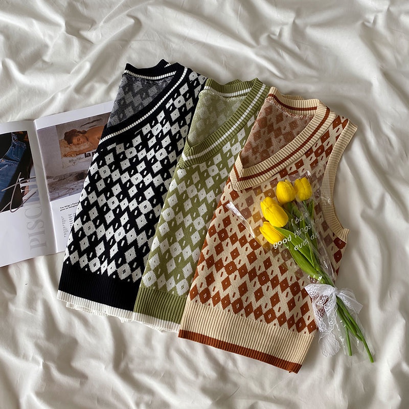 Áo dệt kim không tay đính đá họa tiết sọc caro phong cách Hàn Quốc thời trang xuân thu dễ phối đồ