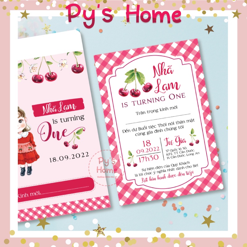 🍒 Thiệp Thôi Nôi - Sinh Nhật thiết kế cho Bé Gái - Chủ đề CHERRY