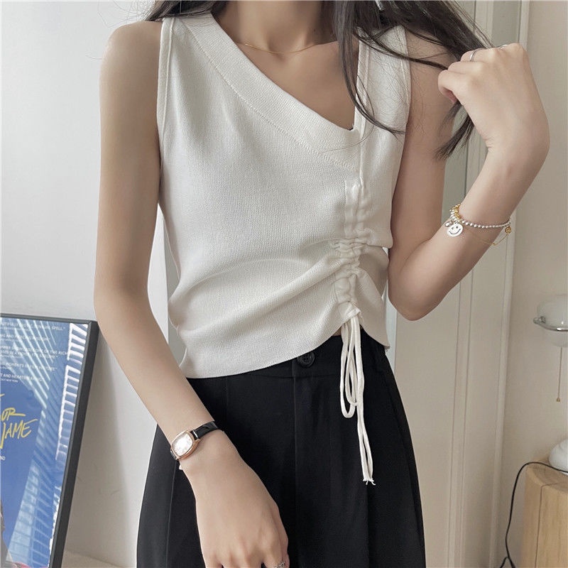 Áo kiểu IELGY không tay phối dây rút dệt kim cá tính thời trang dành cho nữ