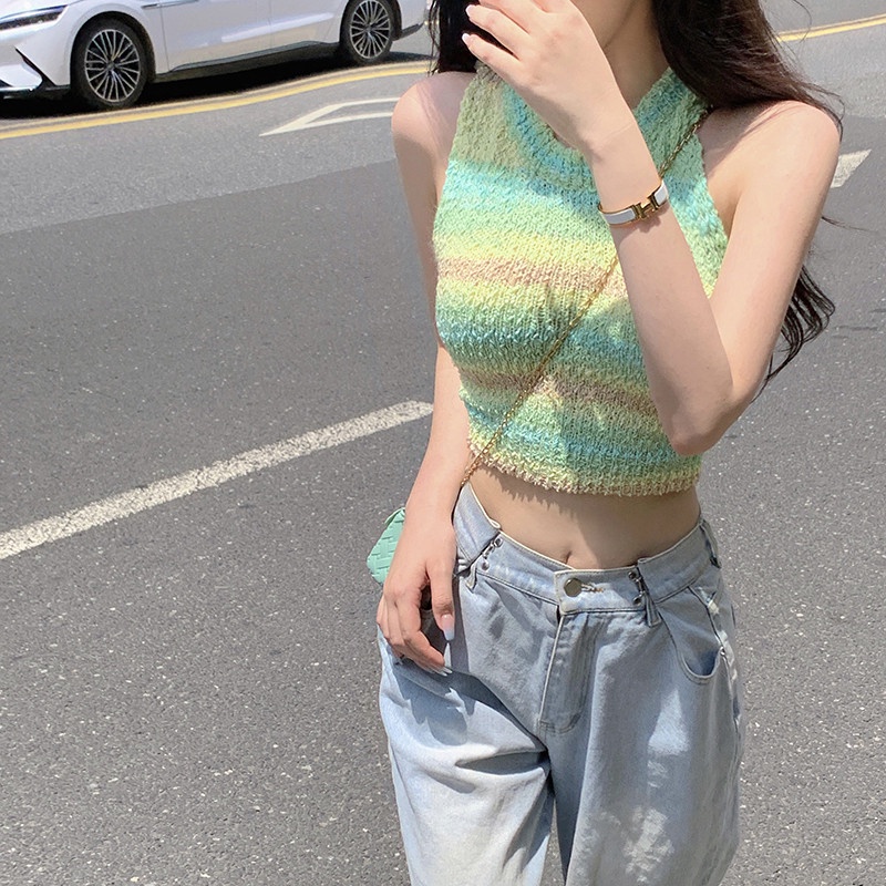 Áo Dệt Kim Sát Nách Kẻ Sọc Màu Cầu Vồng Thời Trang Cho Nữ