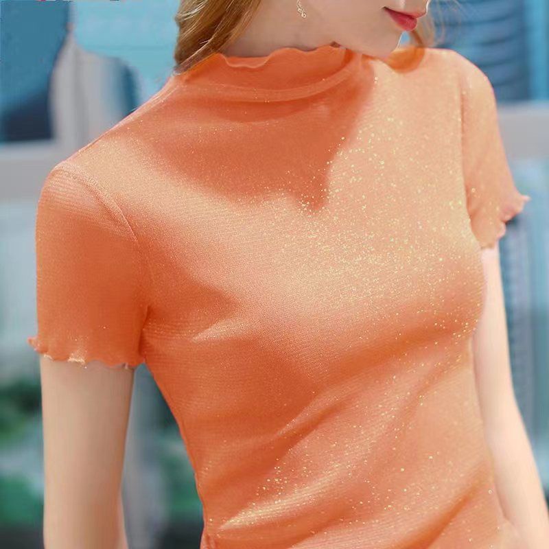 Áo Thun Tay Ngắn Cổ Lọ Phối Lưới Màu Hồng Thời Trang Cho Nữ