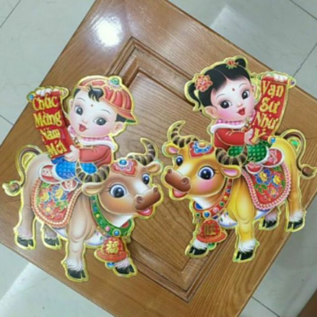 Bộ hình dán hai chú Trâu trang trí tết năm TÂN SỬU 2021 trang trí tết chữ Việt