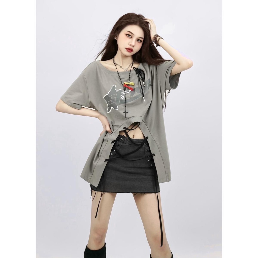 Áo Thun Tay Ngắn Dáng Rộng Phối Dây Cột Phong Cách Đường Phố Thời Trang Y2k Millennium