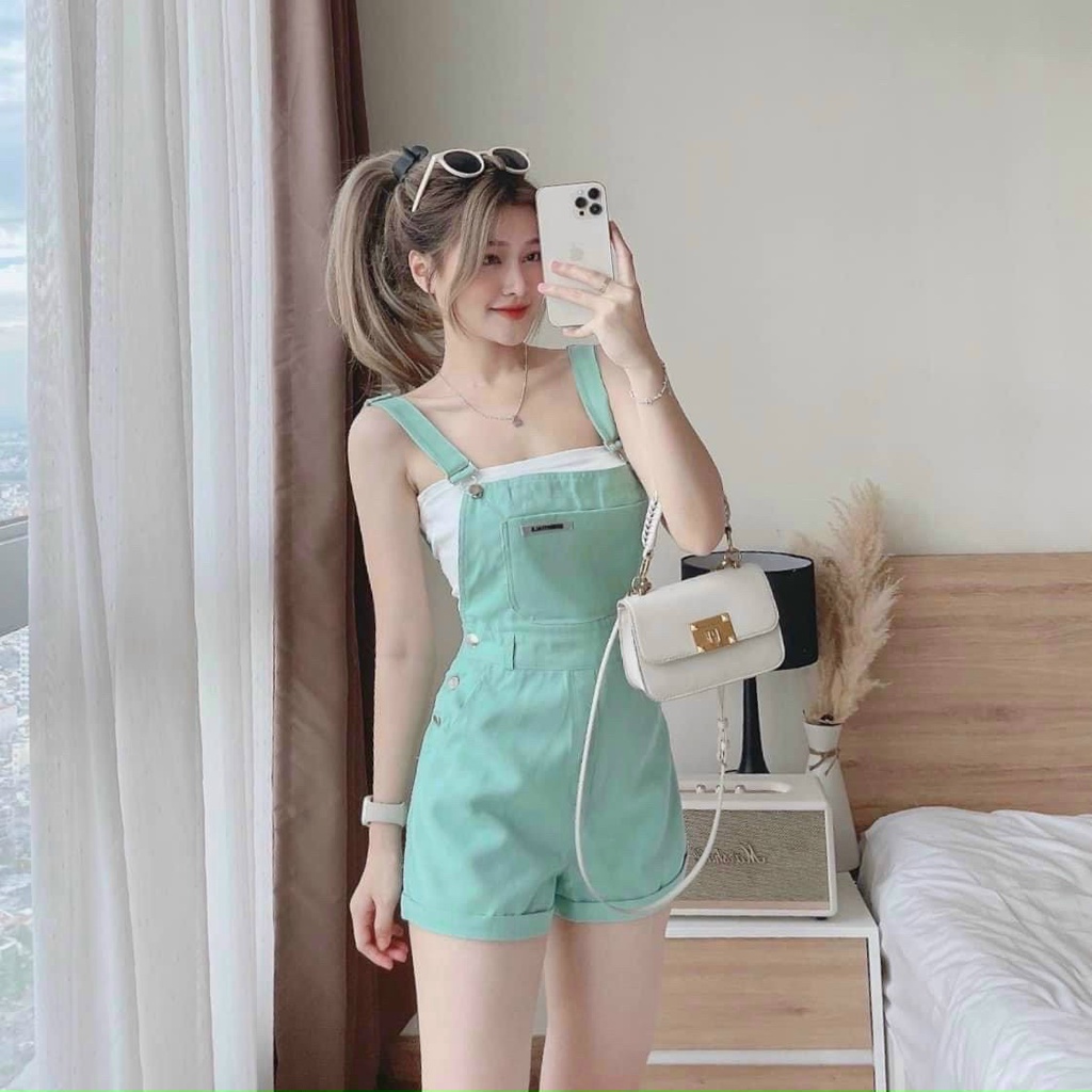 (Sale FreeShip) Sét yếm đùi nữ,yếm kaki nhung có túi kèm áo thun borip,thiết kế trẻ trung cá tính đi chơi xinh xĩu