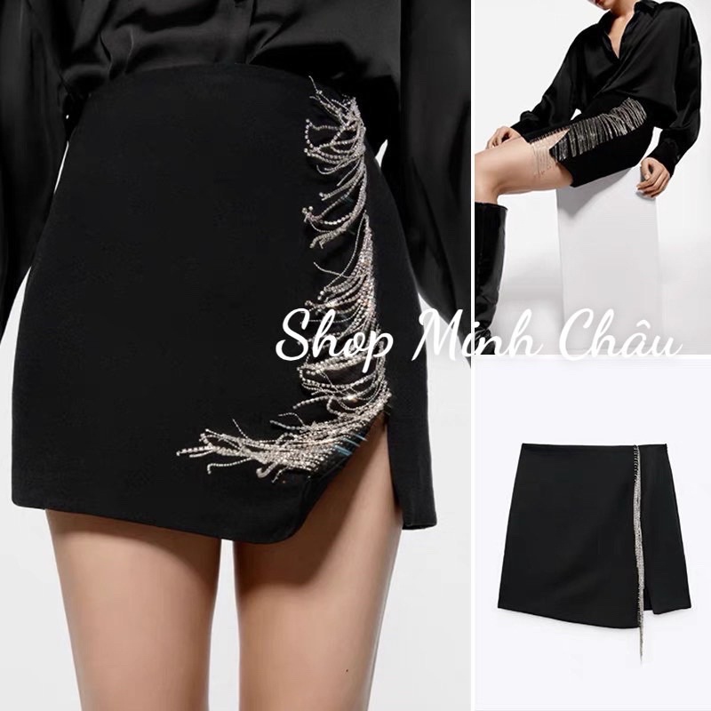 (Sẵn) Chân váy mini xẻ phối đá tua rua Zarraa
