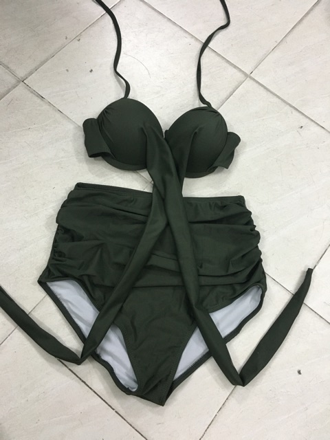 Đồ bơi bikini quần nhúng cạp cao che bụng áo ngực chéo dây