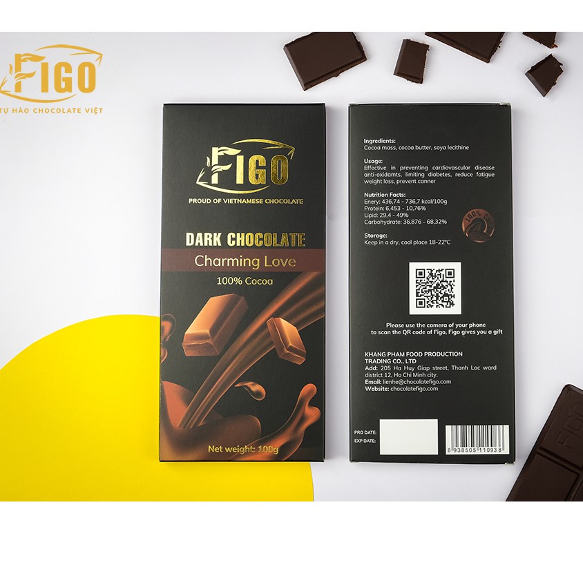 [Chính hãng] Dark Chocolate 100% Cacao Socola đen nguyên chất Figo thanh 50g