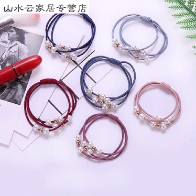 Vòng tay - dây buộc tóc 2in1 3 vòng dây phối hạt trai siêu xinh
