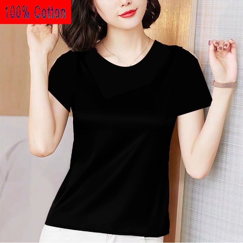 Áo Thun 100 cotton Màu Đen Tay Ngắn Cổ Tròn Cỡ Lớn Thời Trang Cho Phụ Nữ Trung Niên