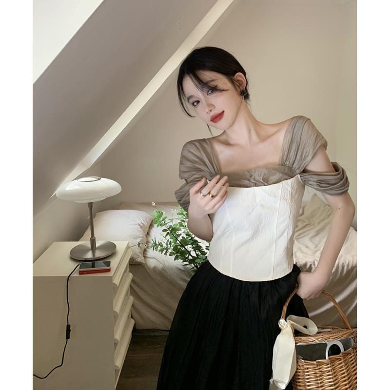 Áo Kiểu Trễ Vai Phối Lưới Thời Trang Mùa Hè Phong Cách Vintage Cho Nữ