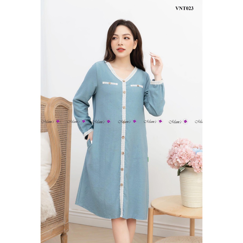 ĐẦM BẦU  FREESHIP  Váy chất nhung tăm xanh cổ tim đè ren
