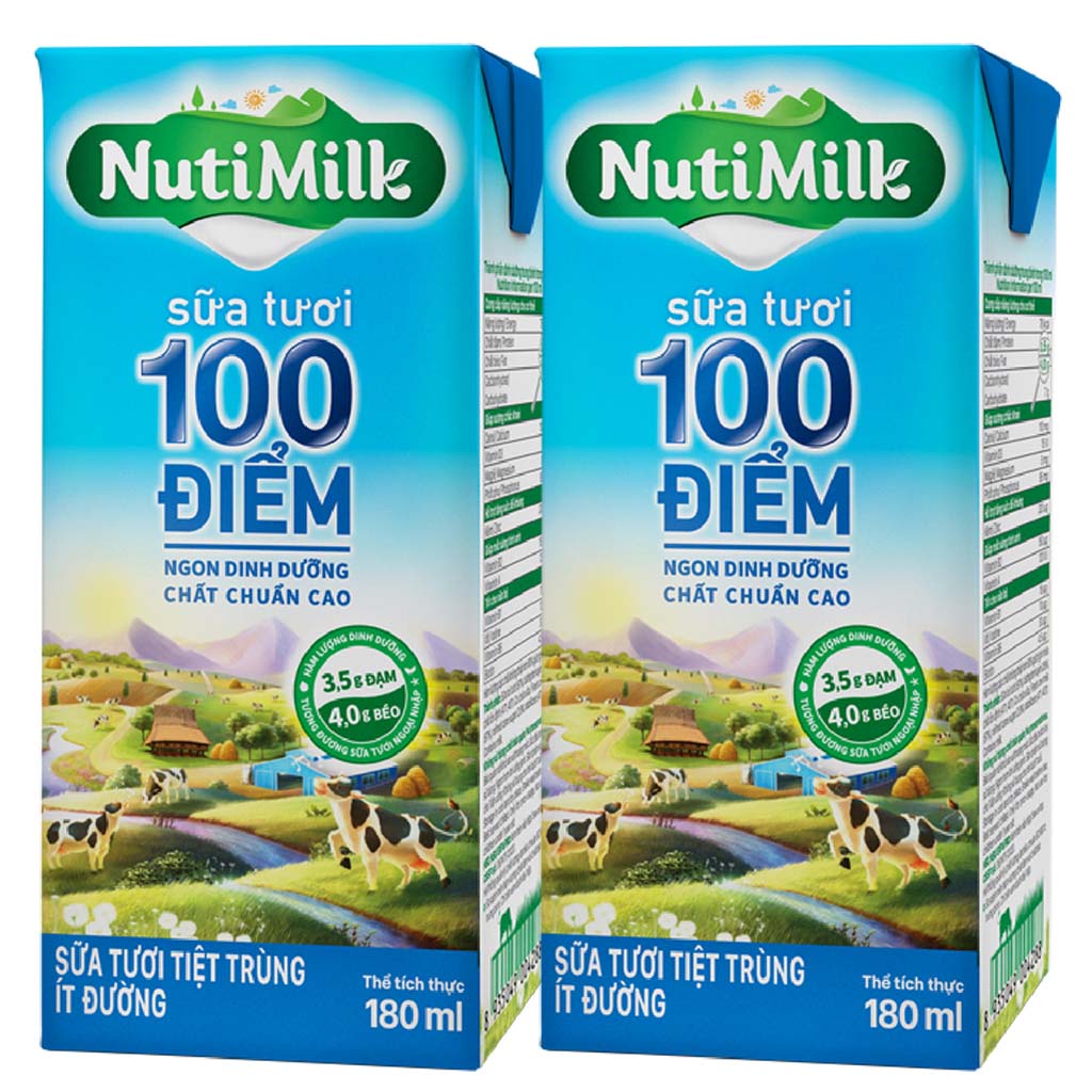 2 Hộp Sữa Tươi Tiệt Trùng 100 Điểm Ít Đường Nutimilk 180ml