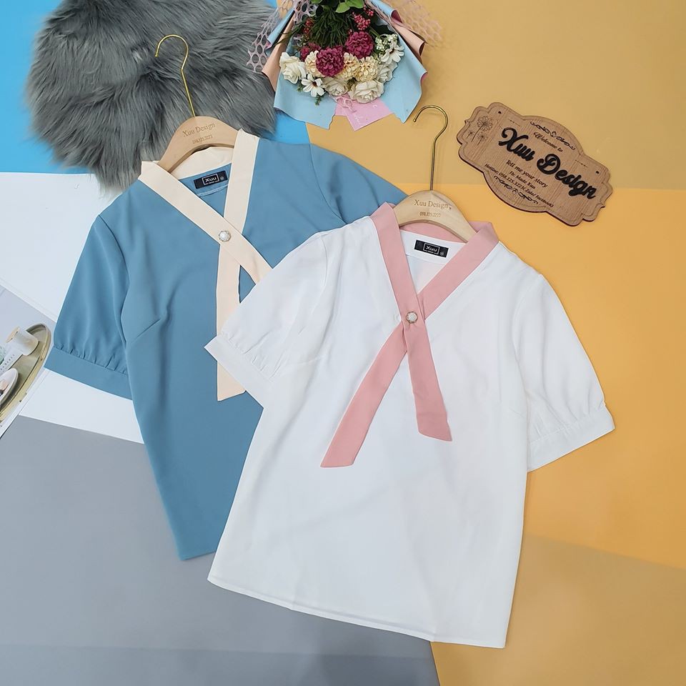 Áo sơ mi ngắn tay Xuu Design, Áo kiểu nữ cổ vạt chất vải đẹp, hàng thiết kế chất lượng cao -SP03