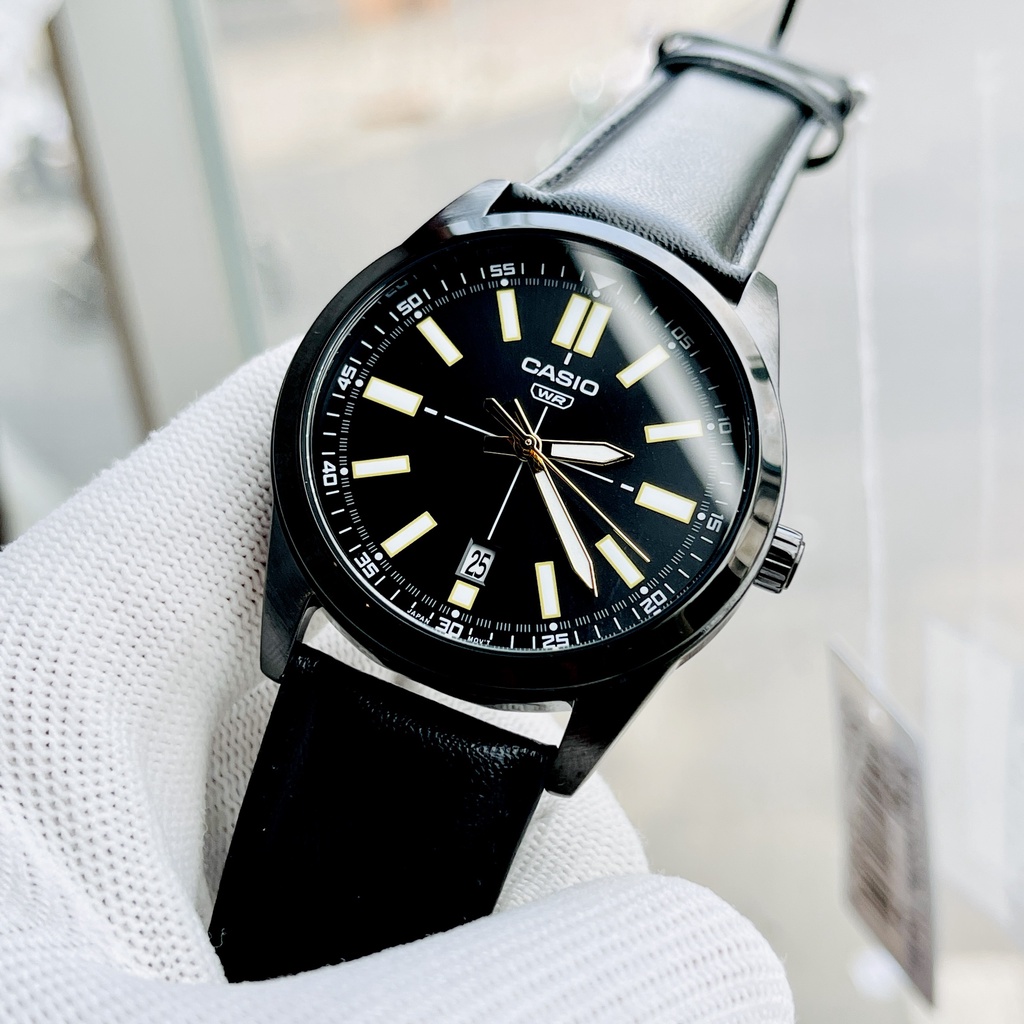 Đồng hồ nam dây da thời trang Casio MTP VD02BL-1E mặt đen - Size 41 Kim dạ quang Bảo hành 1 năm Hyma watch