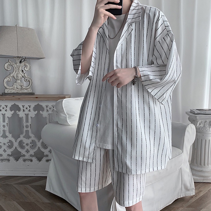 Áo Sơ Mi Tay Lửng Họa Tiết Sọc Thời Trang Phong Cách Hàn Quốc Cho Nam