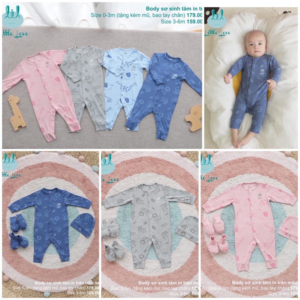 Bộ Body sơ sinh dài tay cúc giữa thun tăm co giãn 4 chiều Little Love cho bé trai bé gái sale