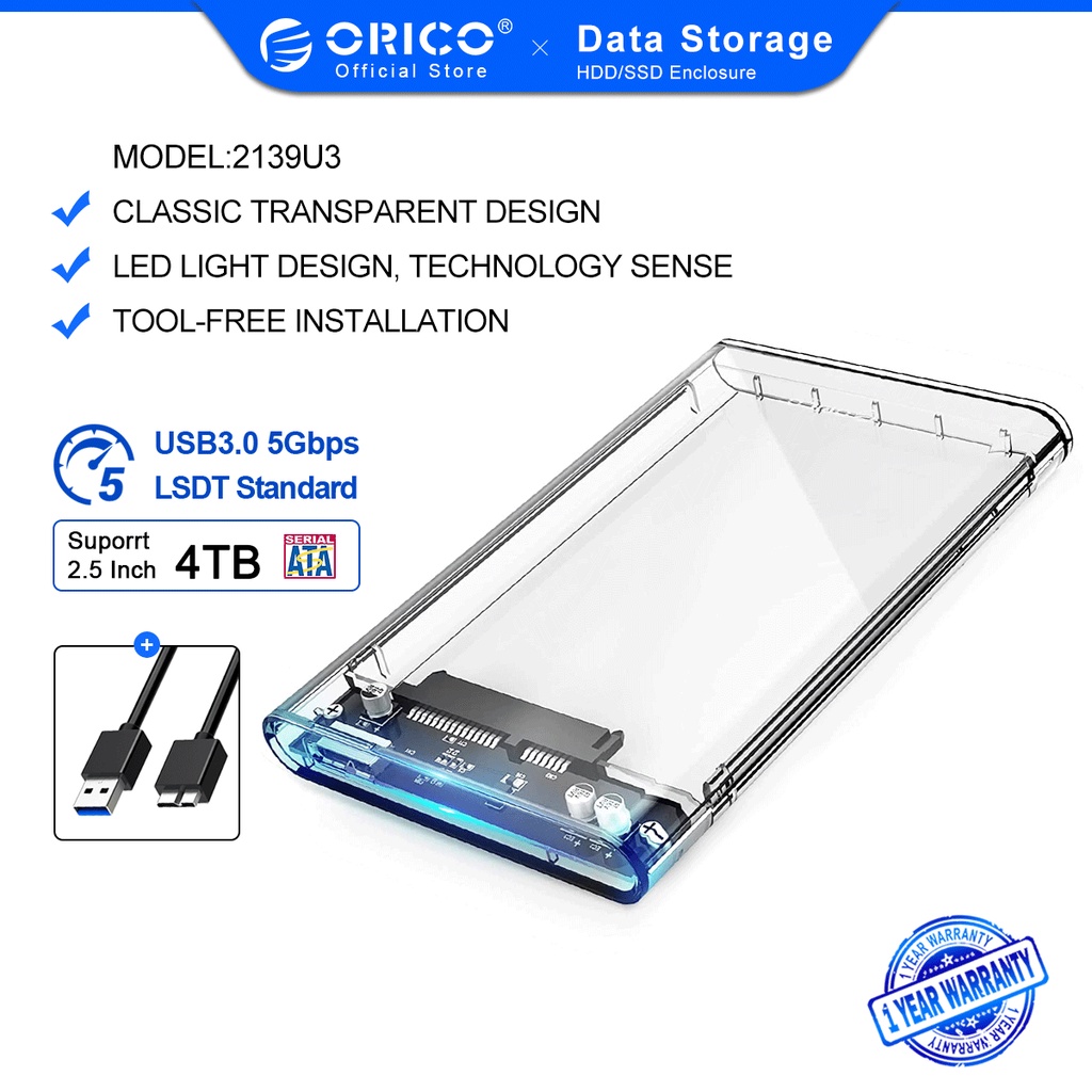 Hộp đựng ổ cứng ORICO 2139U3 trong suốt dành cho ổ cứng SATA HDD SSD 4TB USB 3.0 2.5" 2/4TB 5Gbps