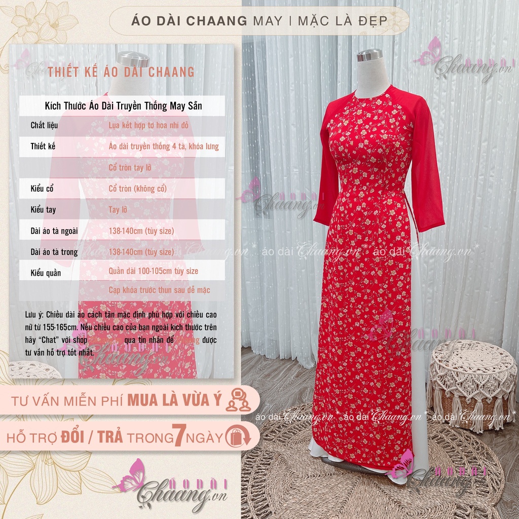 Áo Dài Hoa Nhí Đỏ Cổ Tròn 4 Tà Truyền Thống May Sẵn Form Mặc Đẹp HN322