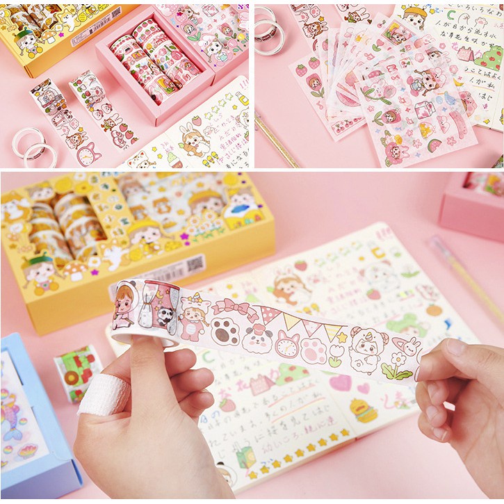 Hộp 10 cuộn washi tape + 10 tấm sticker cute băng keo trang trí sổ dễ thương loại không thấm nước