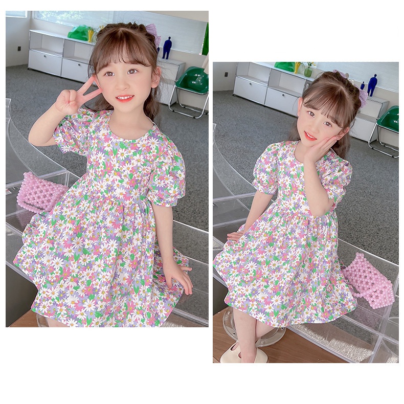 Đầm Công Chúa Mùa Hè Tay Phồng Hở Lưng In Họa Tiết Hoa Phong Cách Hàn Quốc Cho Bé Gái 1-6 Tuổi